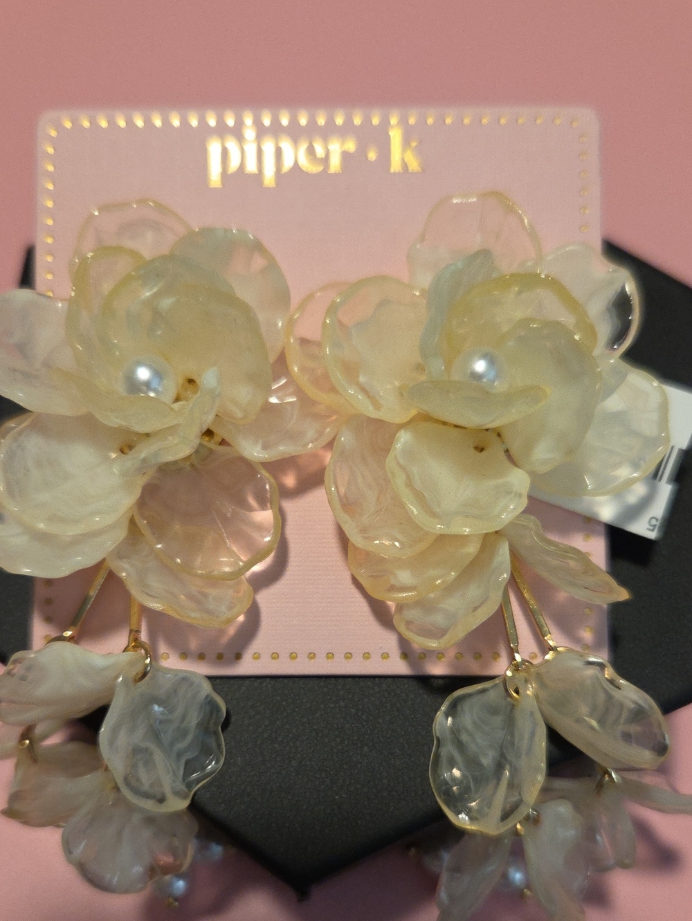 Piper K  Gold-Tone Ivory Floral Resin Drop Earrings with Pearl Accents - Picture 3 of 11